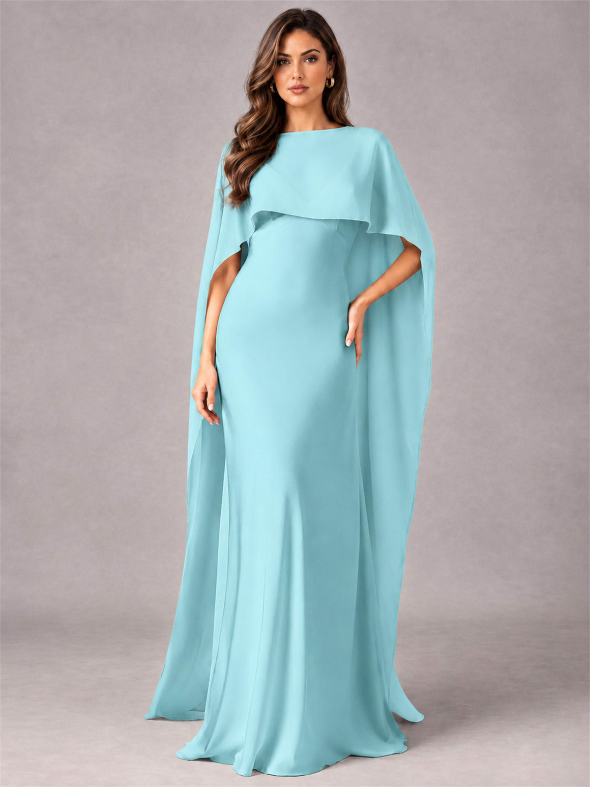 V-Neck Mermaid Satin Spaghetti Straps Floor-Length Wedding Guest Dress with Cape