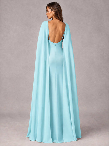 V-Neck Mermaid Satin Spaghetti Straps Floor-Length Wedding Guest Dress with Cape