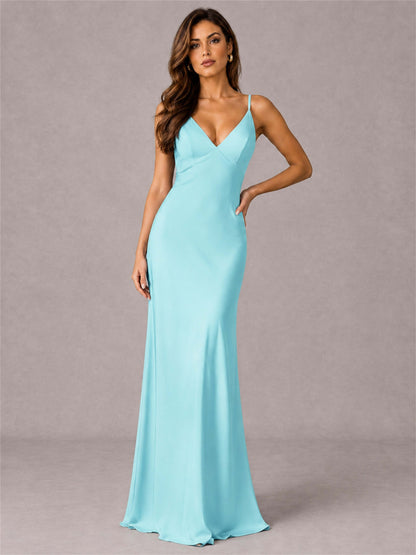 V-Neck Mermaid Satin Spaghetti Straps Floor-Length Wedding Guest Dress with Cape