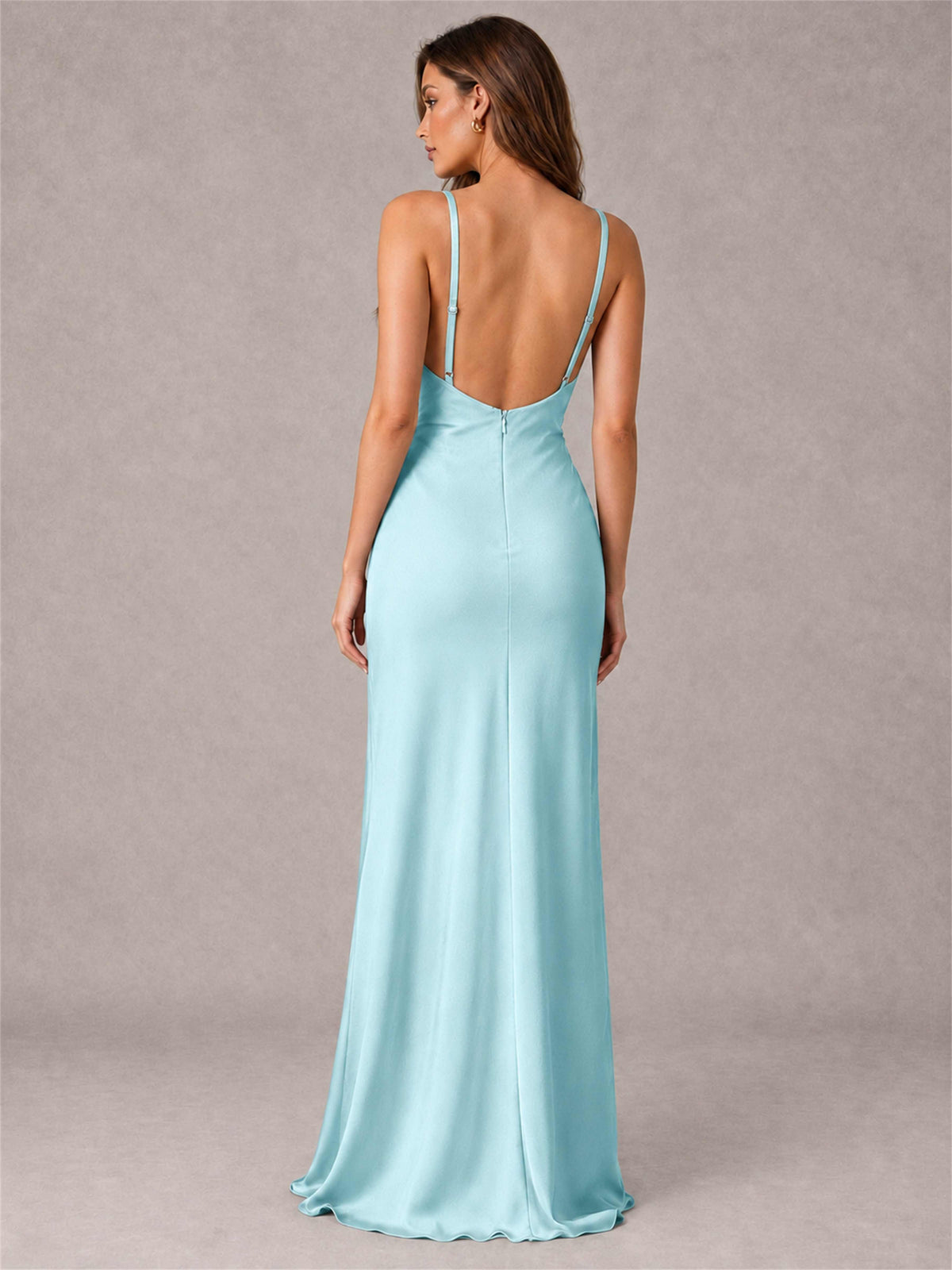 V-Neck Mermaid Satin Spaghetti Straps Floor-Length Wedding Guest Dress with Cape