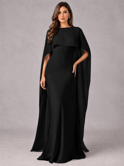 V-Neck Mermaid Satin Spaghetti Straps Floor-Length Wedding Guest Dress with Cape