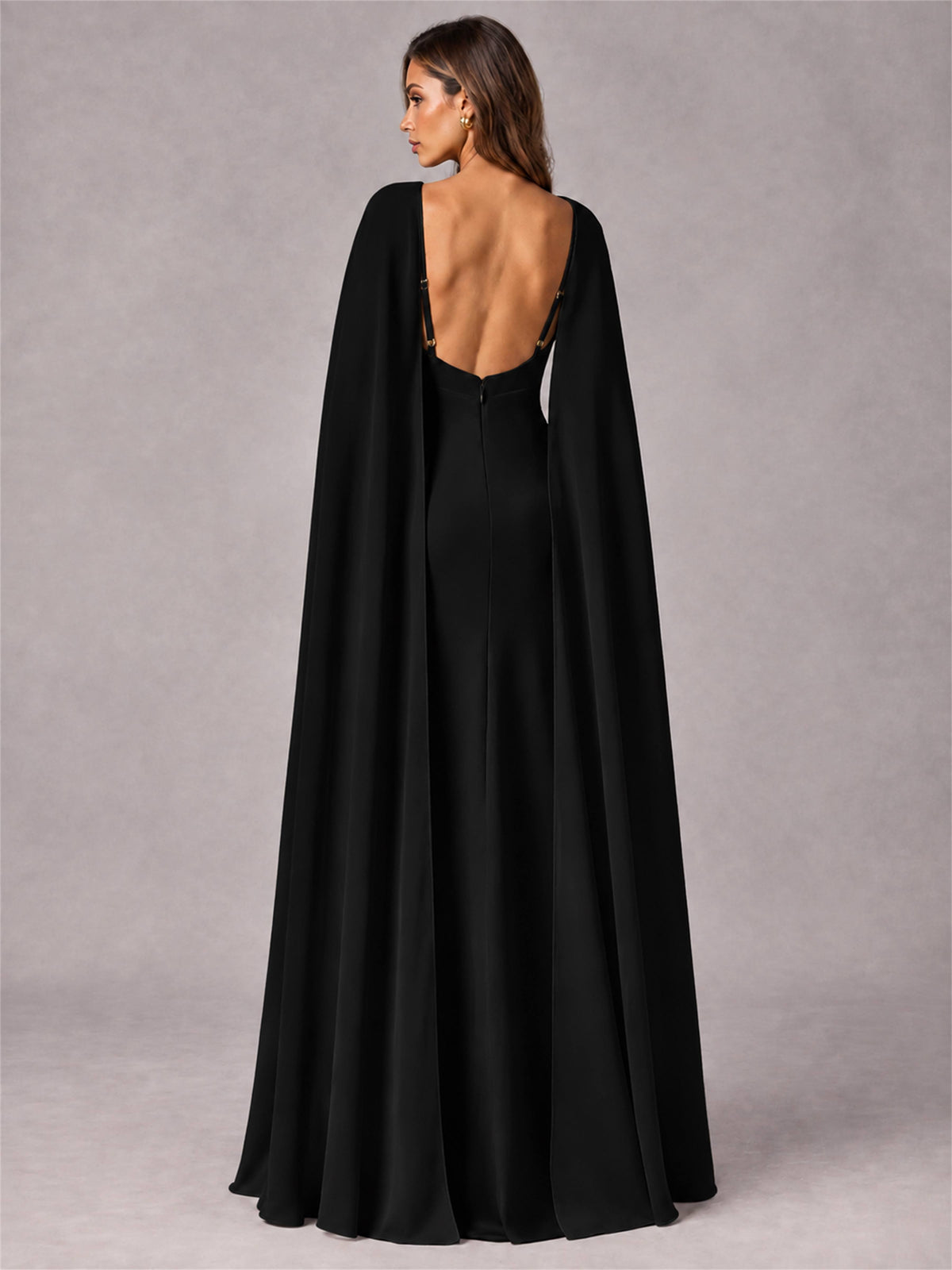 V-Neck Mermaid Satin Spaghetti Straps Floor-Length Wedding Guest Dress with Cape