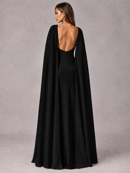 V-Neck Mermaid Satin Spaghetti Straps Floor-Length Wedding Guest Dress with Cape