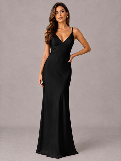 V-Neck Mermaid Satin Spaghetti Straps Floor-Length Wedding Guest Dress with Cape