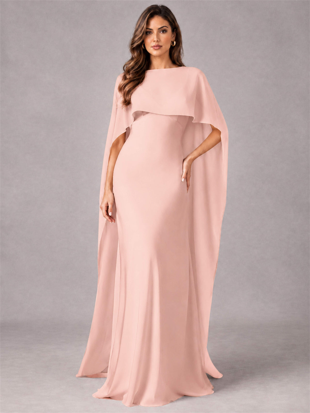 V-Neck Mermaid Satin Spaghetti Straps Floor-Length Wedding Guest Dress with Cape