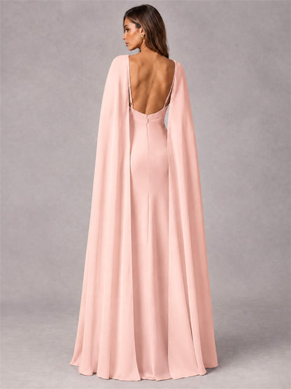 V-Neck Mermaid Satin Spaghetti Straps Floor-Length Wedding Guest Dress with Cape