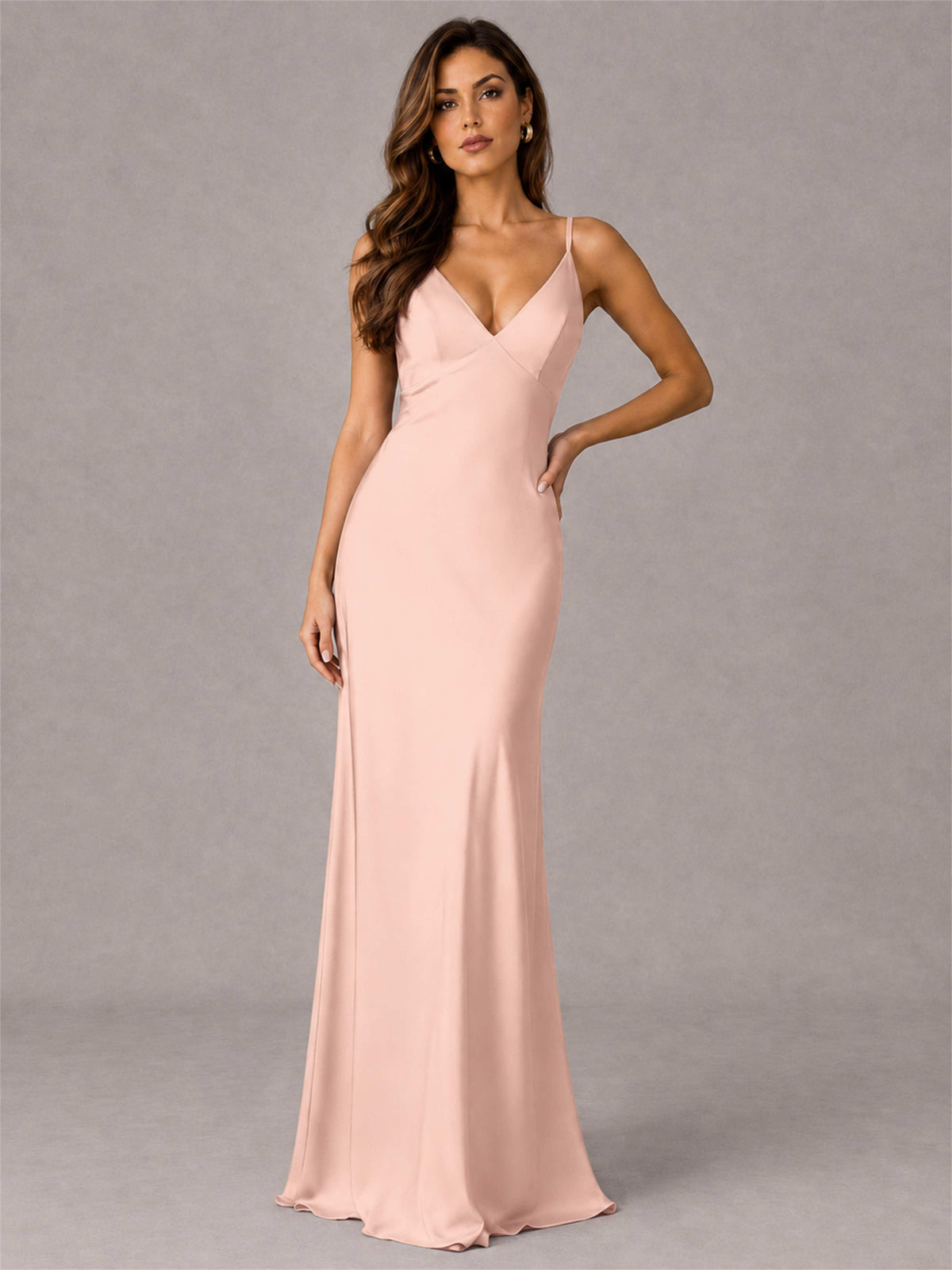 V-Neck Mermaid Satin Spaghetti Straps Floor-Length Wedding Guest Dress with Cape