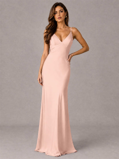 V-Neck Mermaid Satin Spaghetti Straps Floor-Length Wedding Guest Dress with Cape