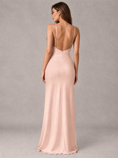 V-Neck Mermaid Satin Spaghetti Straps Floor-Length Wedding Guest Dress with Cape