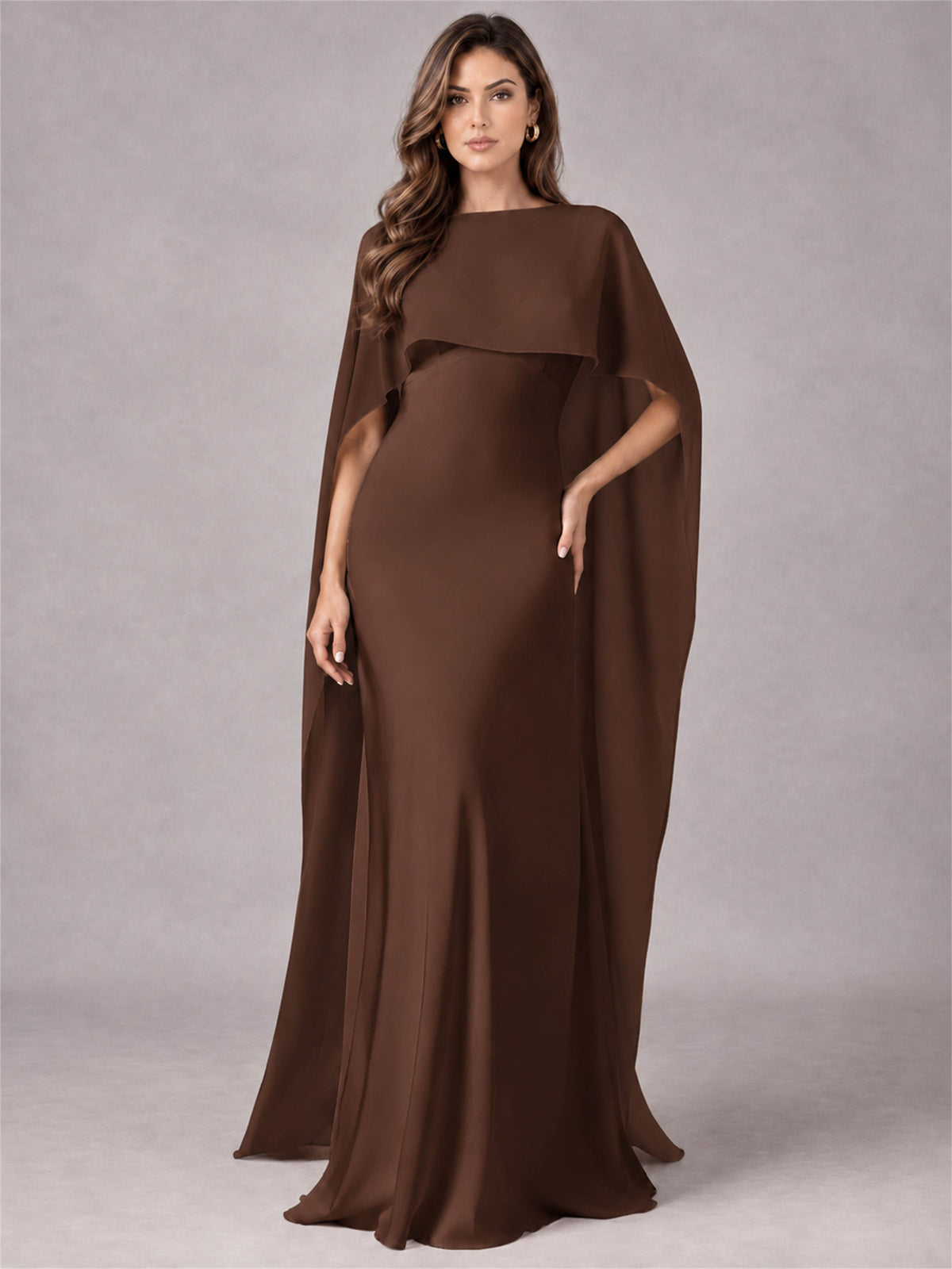 V-Neck Mermaid Satin Spaghetti Straps Floor-Length Wedding Guest Dress with Cape