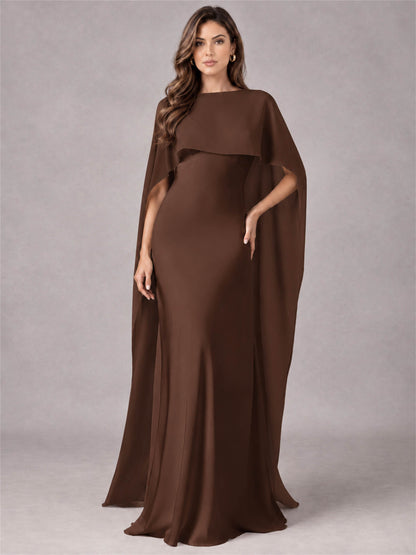 V-Neck Mermaid Satin Spaghetti Straps Floor-Length Wedding Guest Dress with Cape