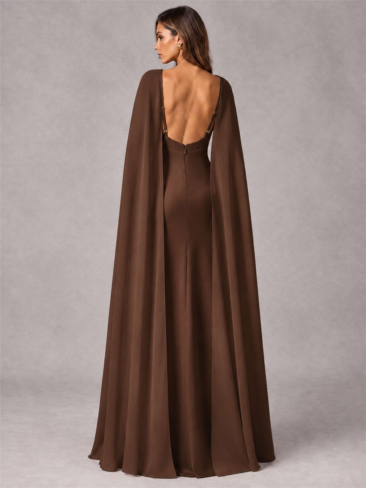 V-Neck Mermaid Satin Spaghetti Straps Floor-Length Wedding Guest Dress with Cape