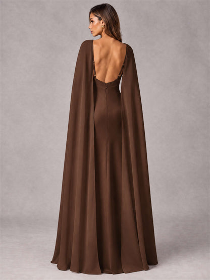V-Neck Mermaid Satin Spaghetti Straps Floor-Length Wedding Guest Dress with Cape