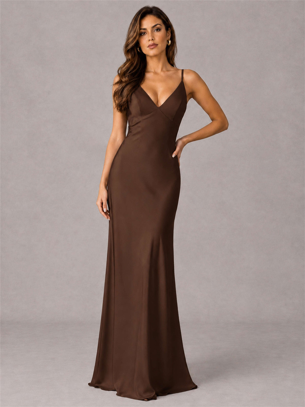 V-Neck Mermaid Satin Spaghetti Straps Floor-Length Wedding Guest Dress with Cape