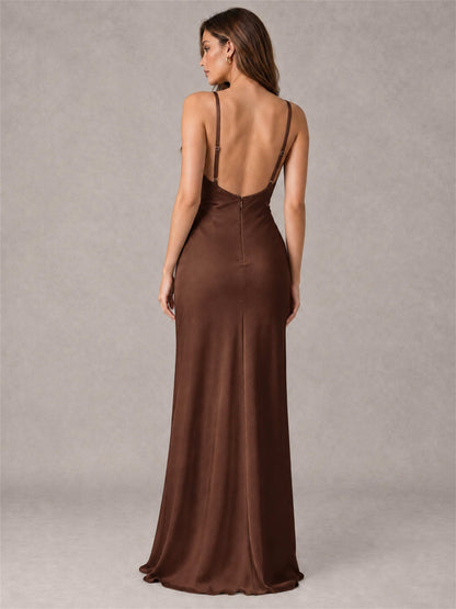 V-Neck Mermaid Satin Spaghetti Straps Floor-Length Wedding Guest Dress with Cape