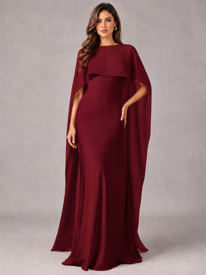 V-Neck Mermaid Satin Spaghetti Straps Floor-Length Wedding Guest Dress with Cape