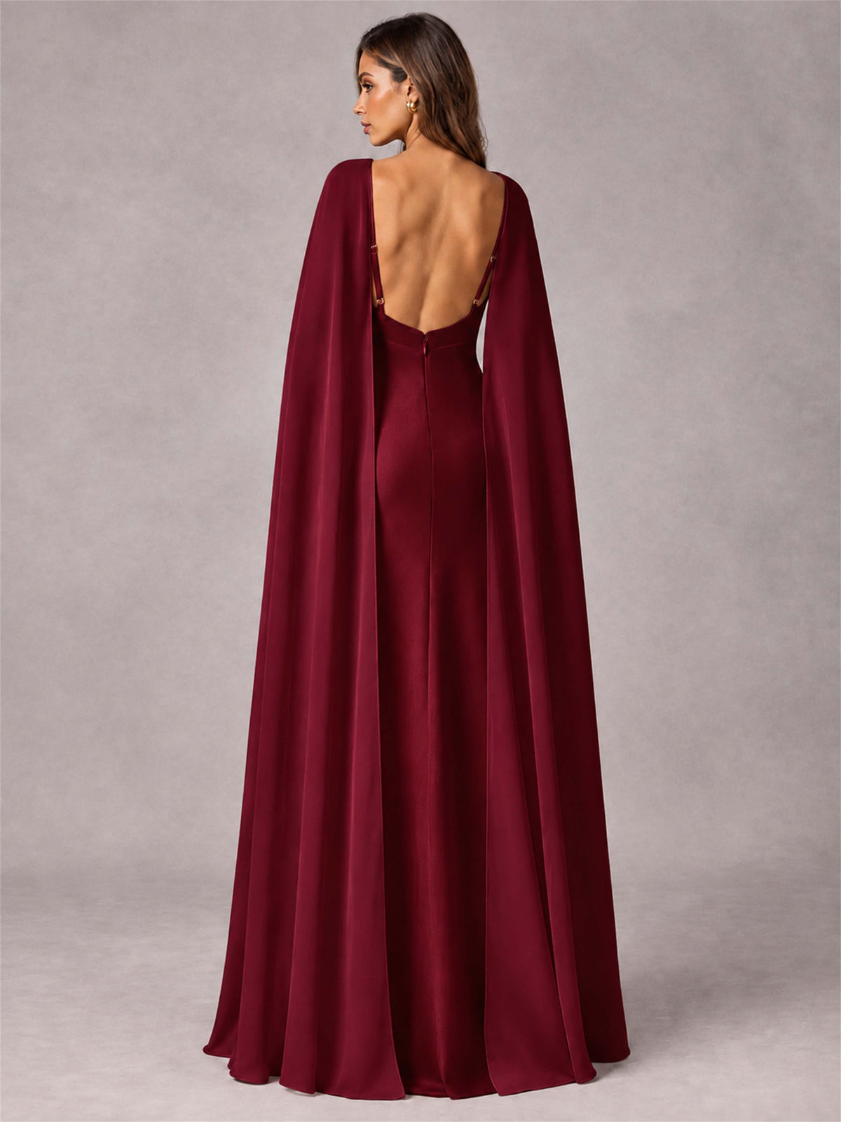 V-Neck Mermaid Satin Spaghetti Straps Floor-Length Wedding Guest Dress with Cape