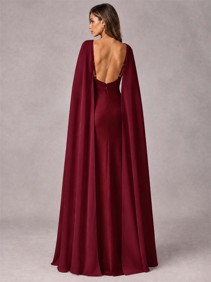 V-Neck Mermaid Satin Spaghetti Straps Floor-Length Wedding Guest Dress with Cape