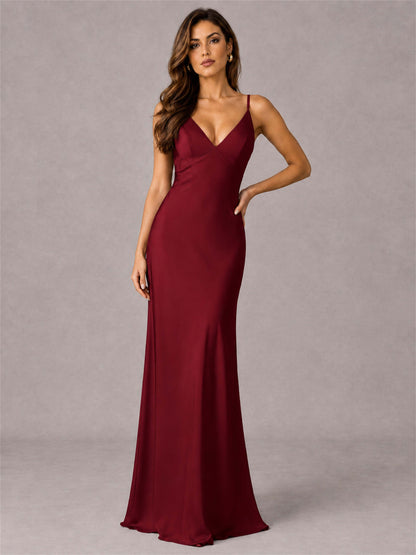 V-Neck Mermaid Satin Spaghetti Straps Floor-Length Wedding Guest Dress with Cape