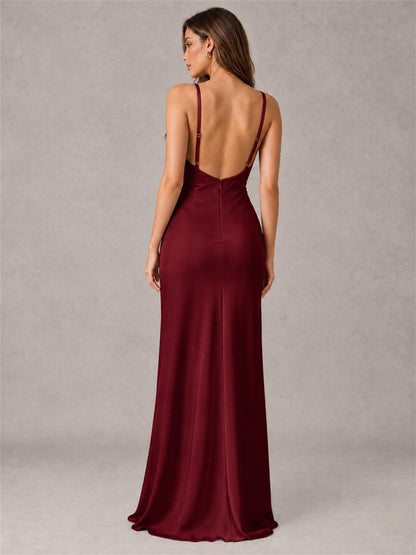 V-Neck Mermaid Satin Spaghetti Straps Floor-Length Wedding Guest Dress with Cape
