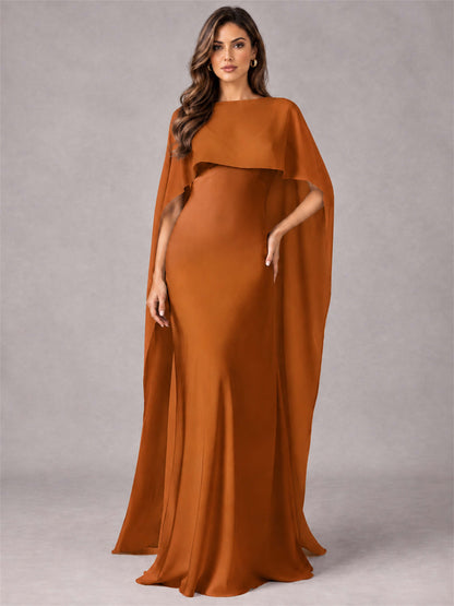V-Neck Mermaid Satin Spaghetti Straps Floor-Length Wedding Guest Dress with Cape