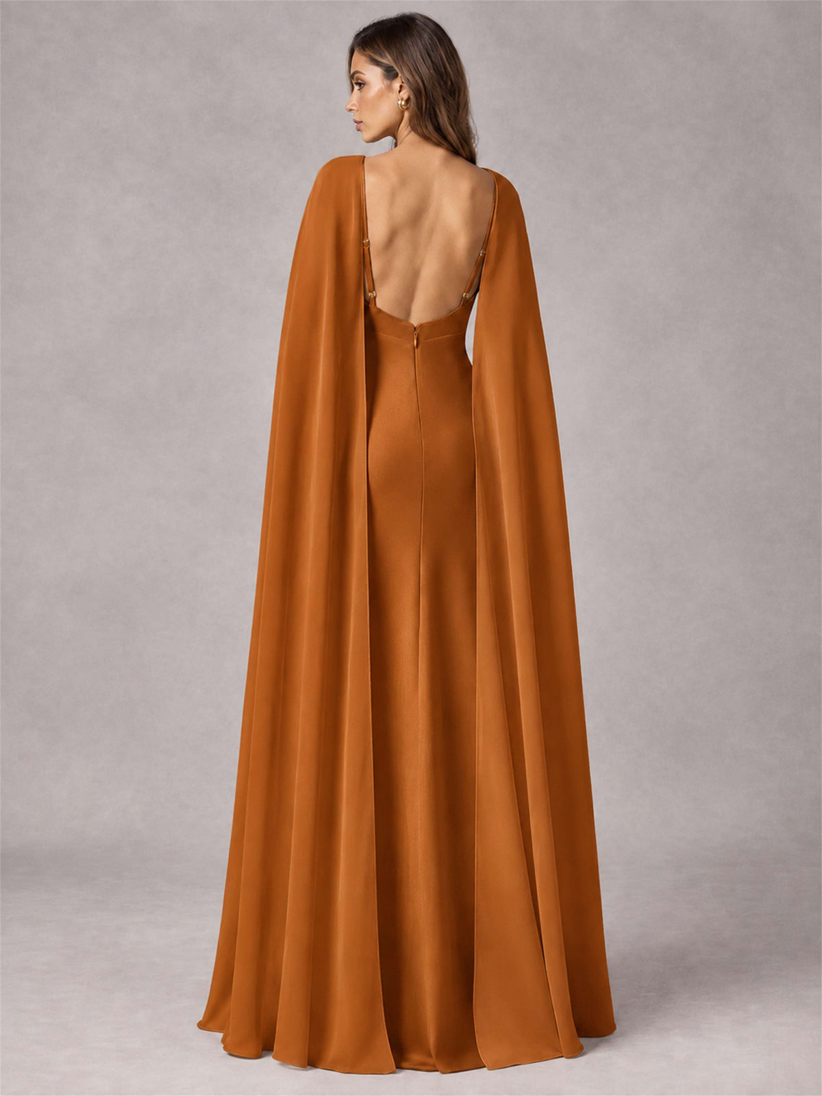 V-Neck Mermaid Satin Spaghetti Straps Floor-Length Wedding Guest Dress with Cape