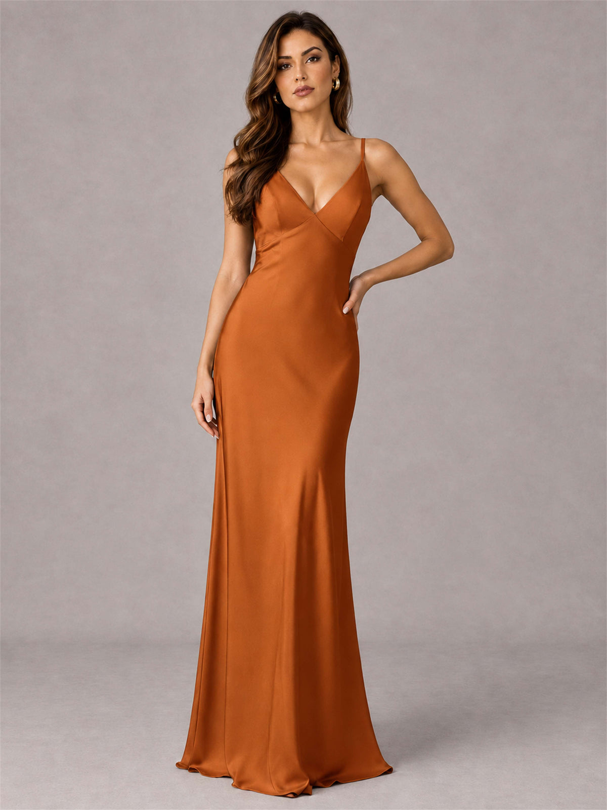 V-Neck Mermaid Satin Spaghetti Straps Floor-Length Wedding Guest Dress with Cape