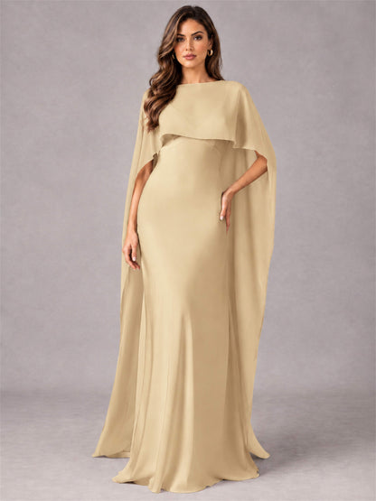 V-Neck Mermaid Satin Spaghetti Straps Floor-Length Wedding Guest Dress with Cape
