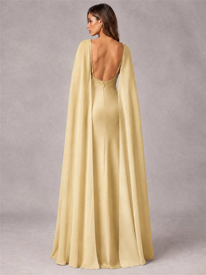 V-Neck Mermaid Satin Spaghetti Straps Floor-Length Wedding Guest Dress with Cape