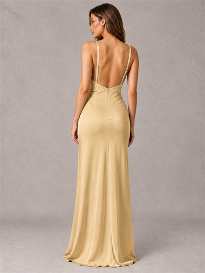 V-Neck Mermaid Satin Spaghetti Straps Floor-Length Wedding Guest Dress with Cape