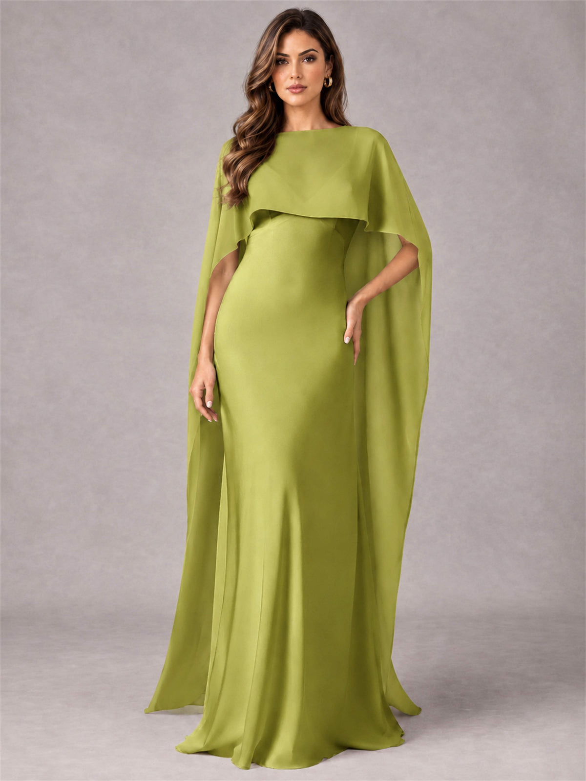V-Neck Mermaid Satin Spaghetti Straps Floor-Length Wedding Guest Dress with Cape
