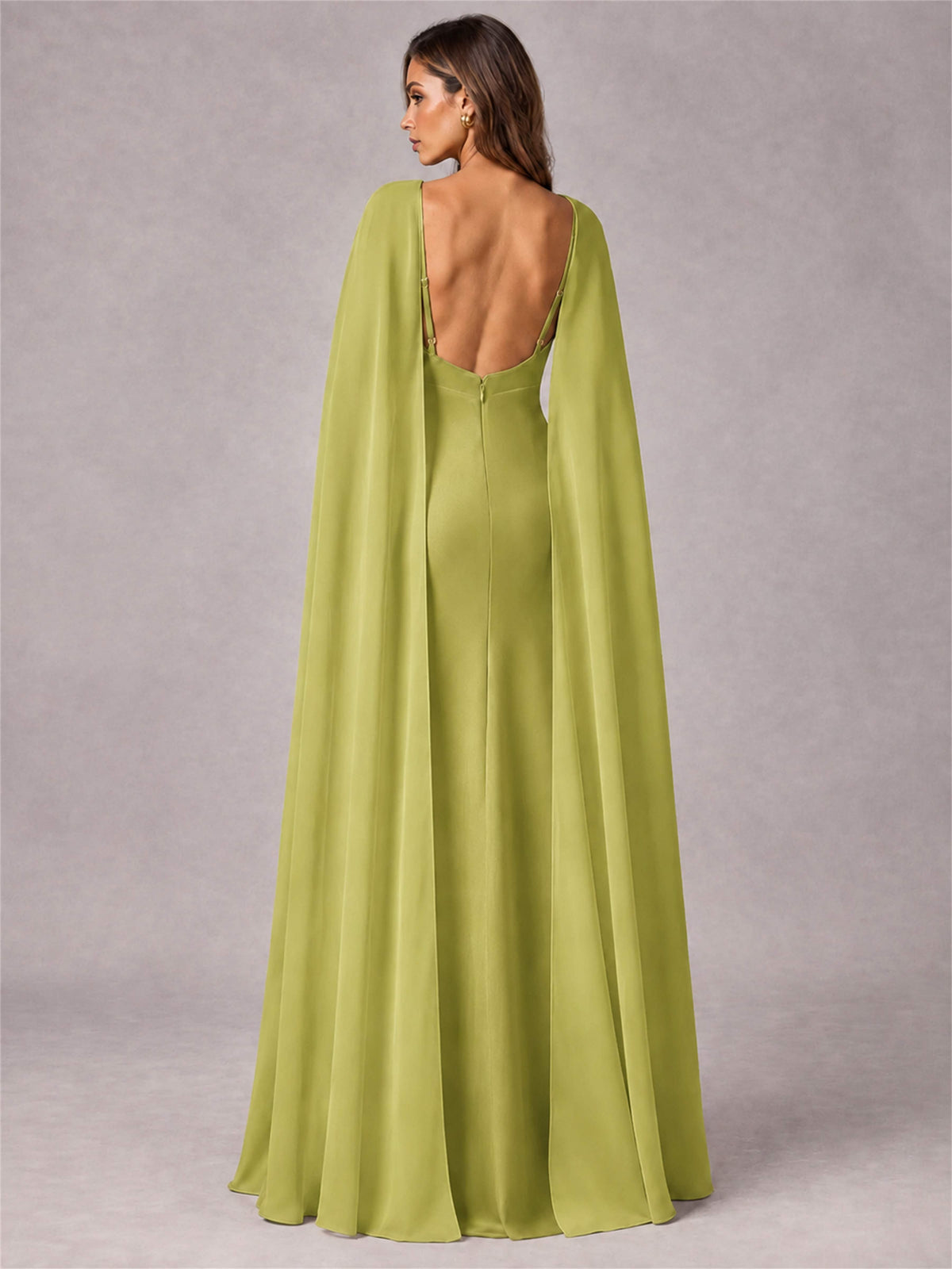 V-Neck Mermaid Satin Spaghetti Straps Floor-Length Wedding Guest Dress with Cape