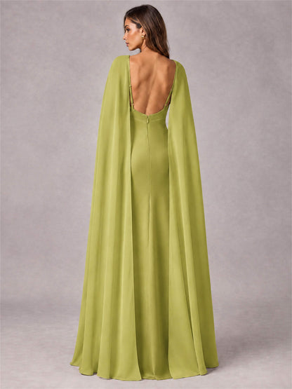 V-Neck Mermaid Satin Spaghetti Straps Floor-Length Wedding Guest Dress with Cape