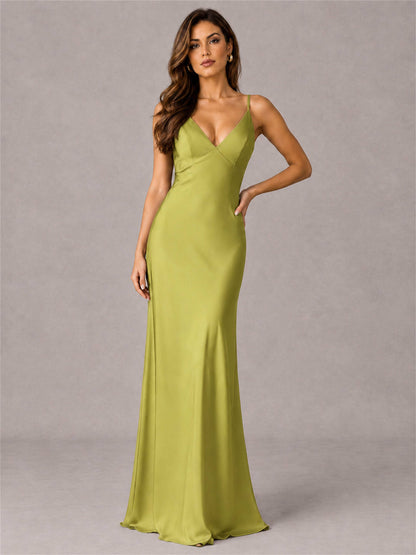 V-Neck Mermaid Satin Spaghetti Straps Floor-Length Wedding Guest Dress with Cape