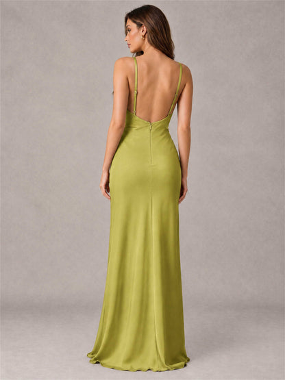 V-Neck Mermaid Satin Spaghetti Straps Floor-Length Wedding Guest Dress with Cape