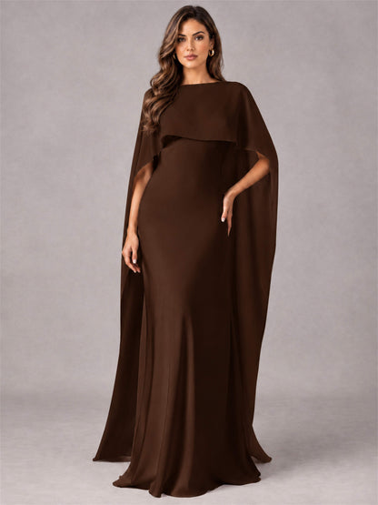 V-Neck Mermaid Satin Spaghetti Straps Floor-Length Wedding Guest Dress with Cape