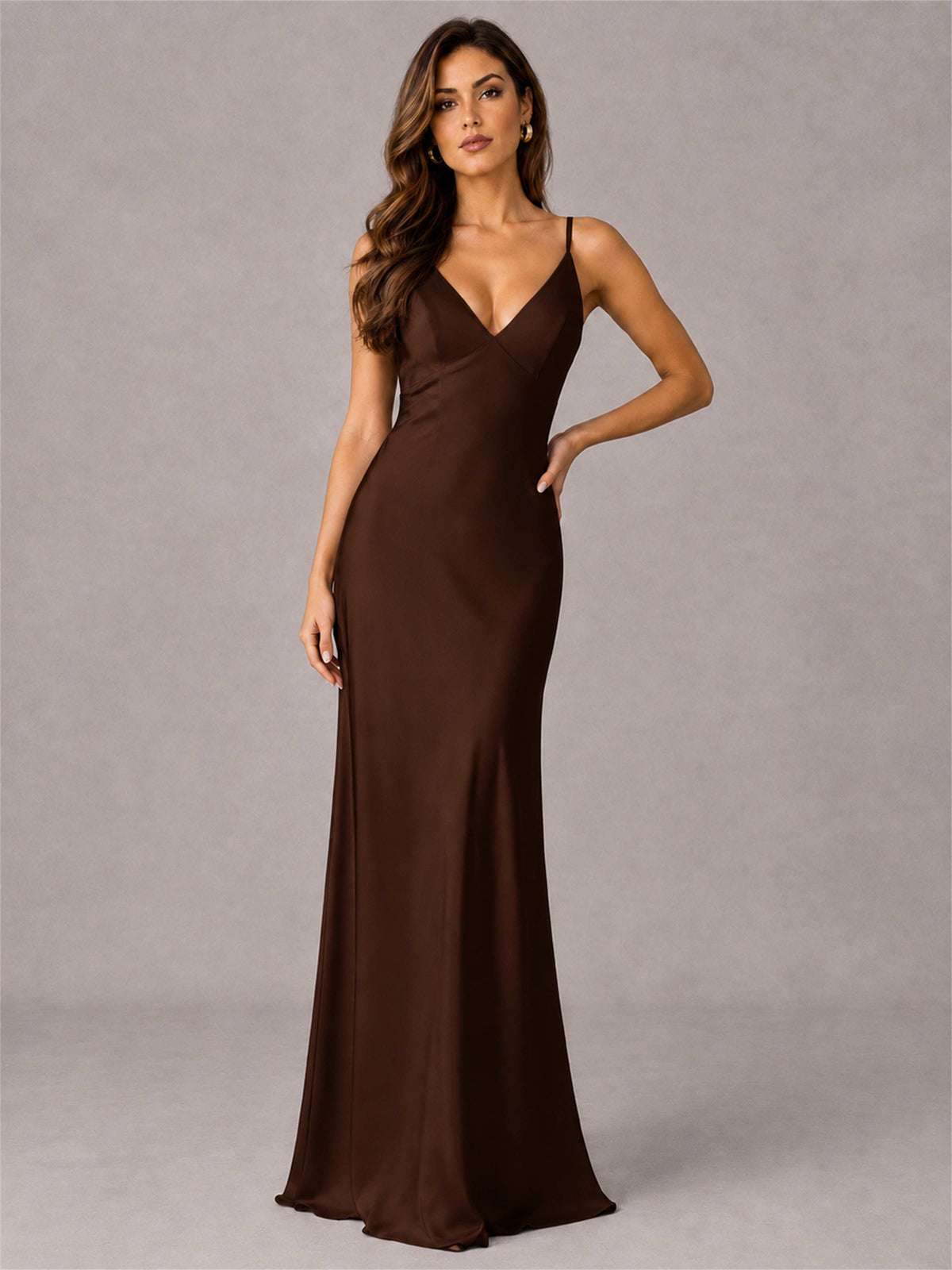 V-Neck Mermaid Satin Spaghetti Straps Floor-Length Wedding Guest Dress with Cape