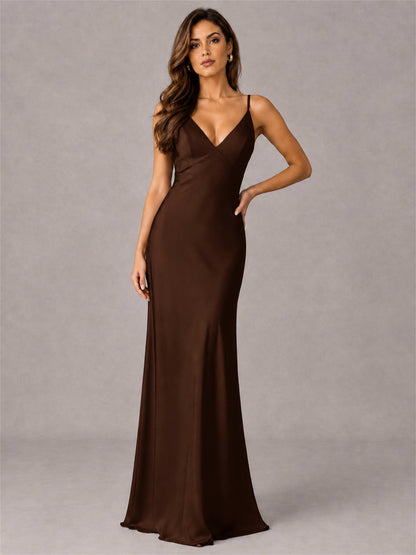 V-Neck Mermaid Satin Spaghetti Straps Floor-Length Wedding Guest Dress with Cape