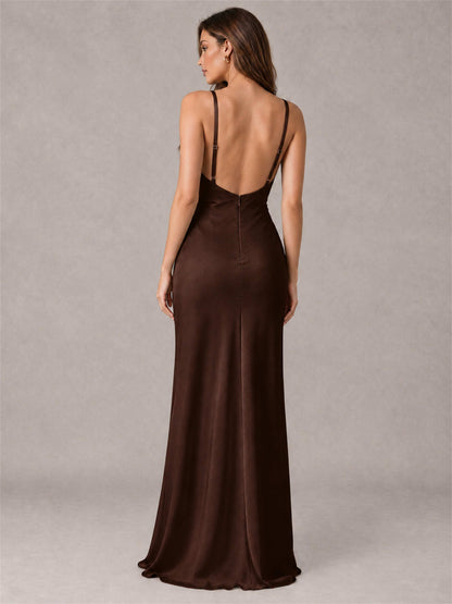 V-Neck Mermaid Satin Spaghetti Straps Floor-Length Wedding Guest Dress with Cape
