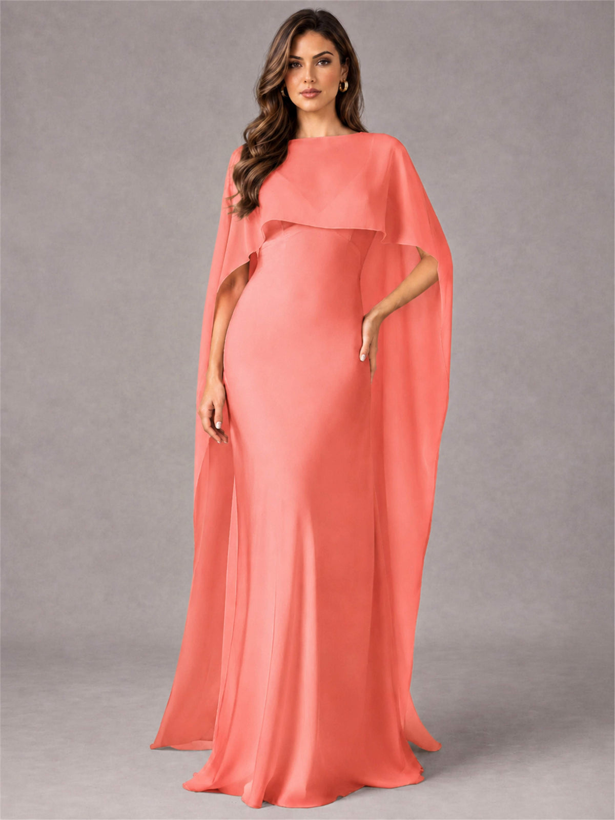 V-Neck Mermaid Satin Spaghetti Straps Floor-Length Wedding Guest Dress with Cape