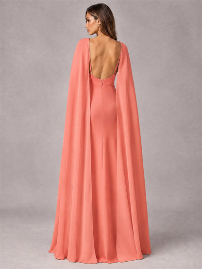 V-Neck Mermaid Satin Spaghetti Straps Floor-Length Wedding Guest Dress with Cape