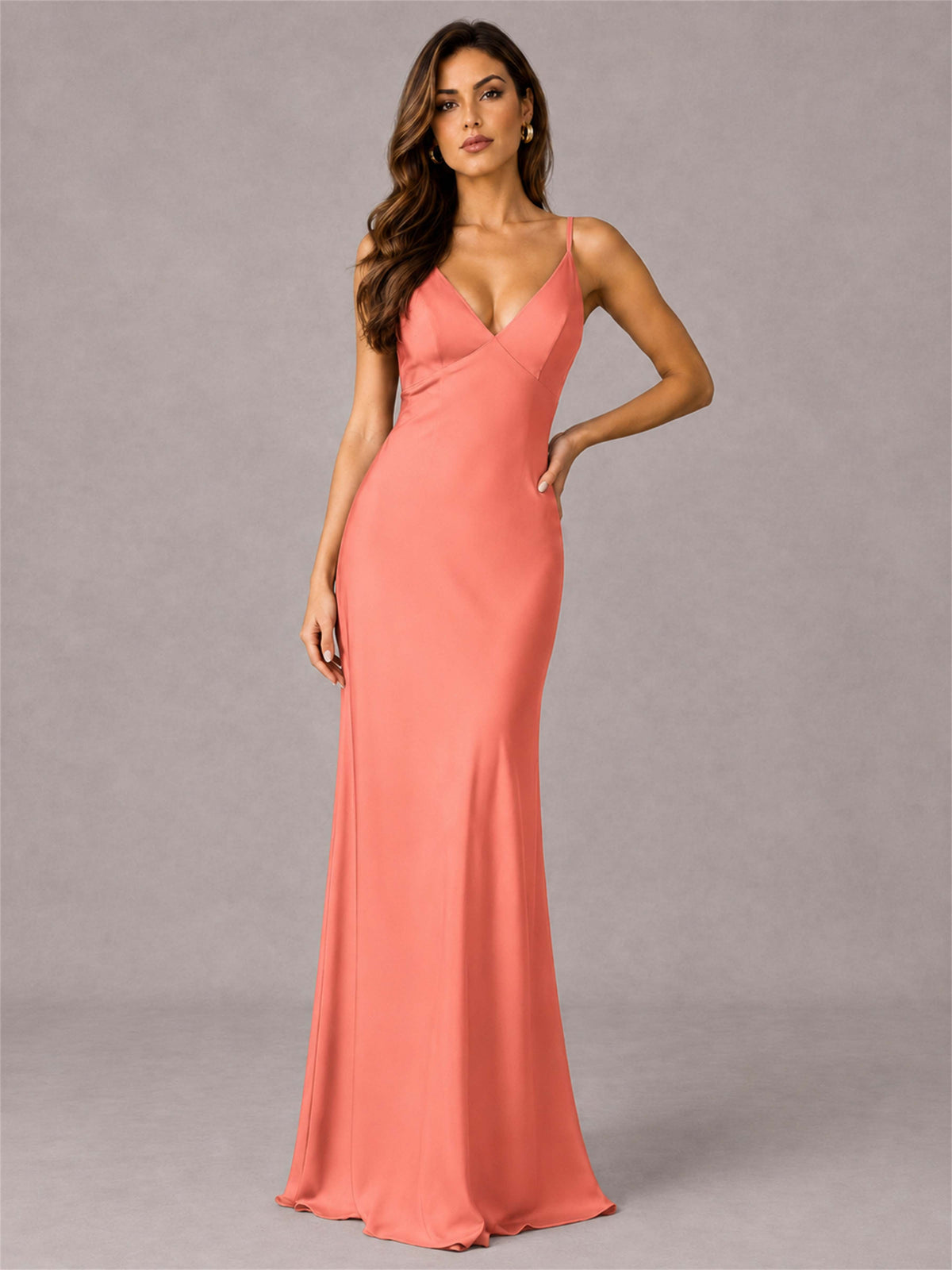 V-Neck Mermaid Satin Spaghetti Straps Floor-Length Wedding Guest Dress with Cape