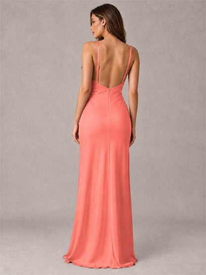 V-Neck Mermaid Satin Spaghetti Straps Floor-Length Wedding Guest Dress with Cape