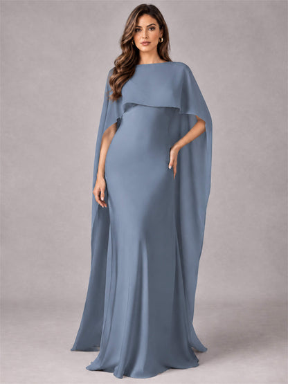 V-Neck Mermaid Satin Spaghetti Straps Floor-Length Wedding Guest Dress with Cape