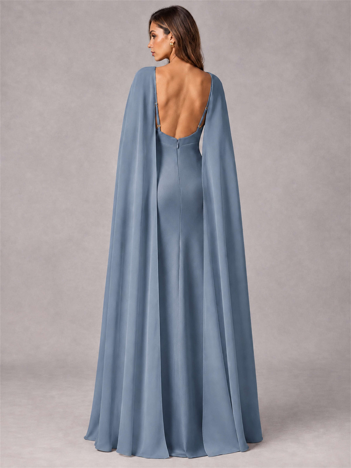 V-Neck Mermaid Satin Spaghetti Straps Floor-Length Wedding Guest Dress with Cape