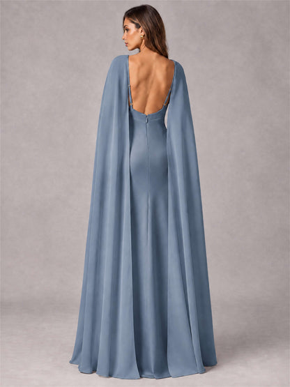 V-Neck Mermaid Satin Spaghetti Straps Floor-Length Wedding Guest Dress with Cape
