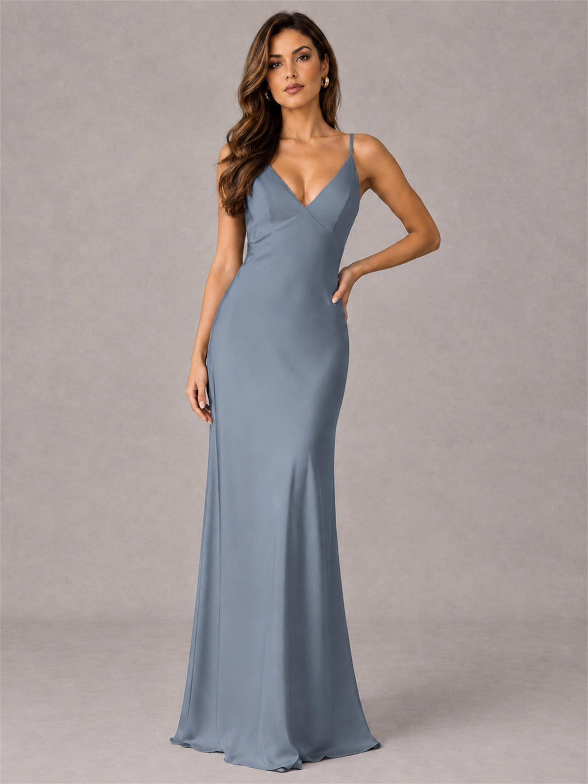 V-Neck Mermaid Satin Spaghetti Straps Floor-Length Wedding Guest Dress with Cape
