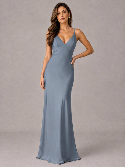 V-Neck Mermaid Satin Spaghetti Straps Floor-Length Wedding Guest Dress with Cape