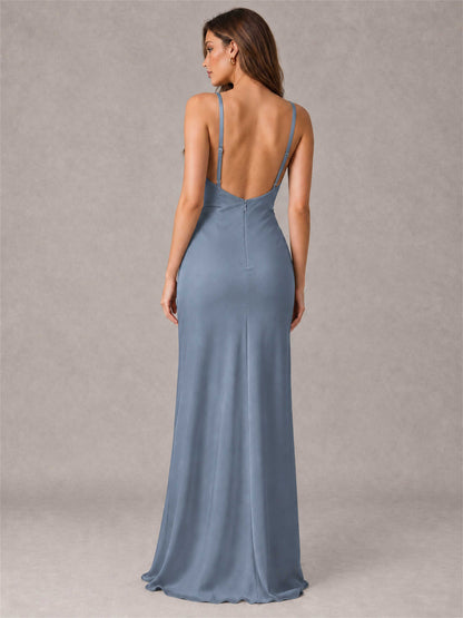 V-Neck Mermaid Satin Spaghetti Straps Floor-Length Wedding Guest Dress with Cape
