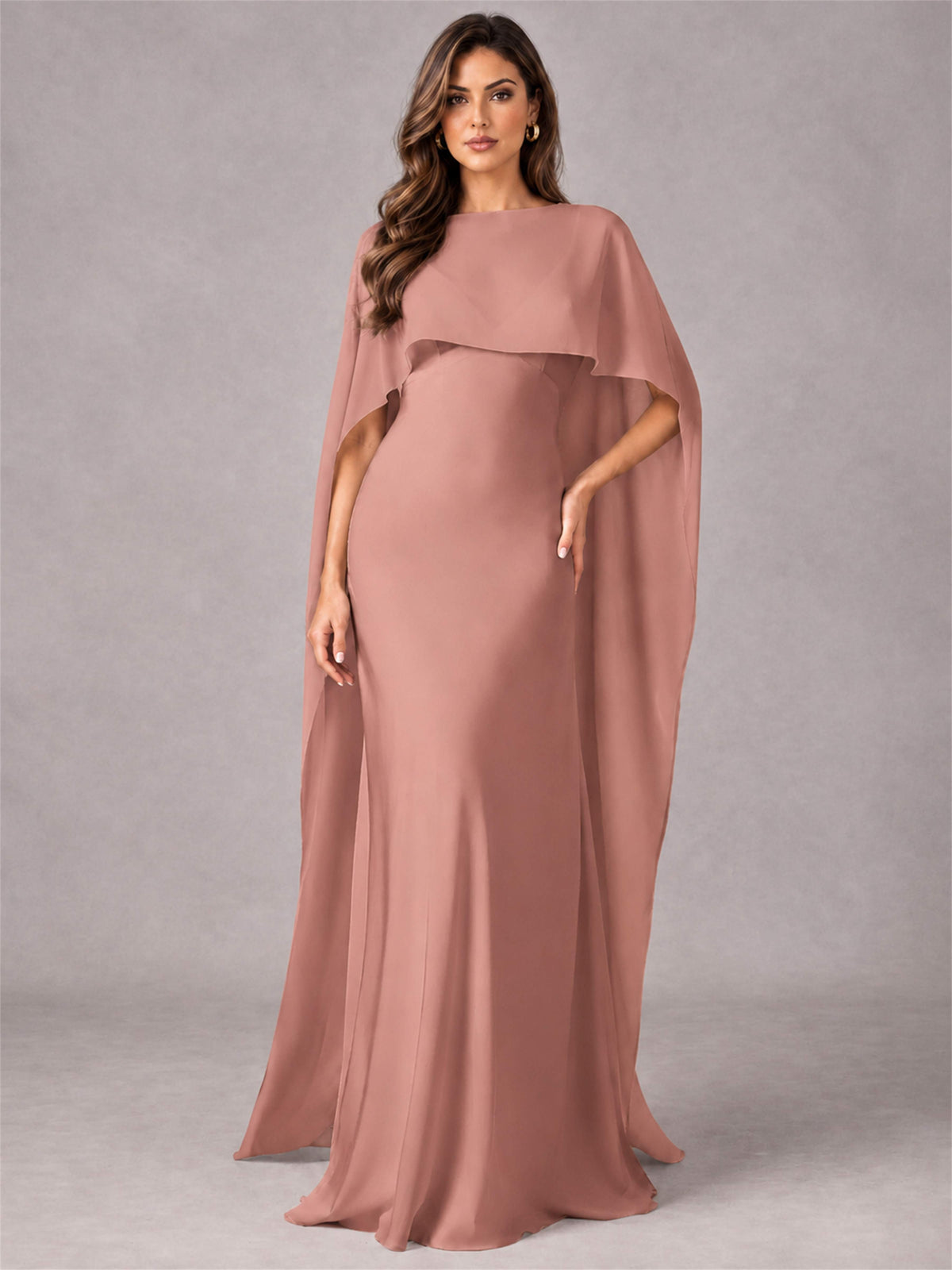 V-Neck Mermaid Satin Spaghetti Straps Floor-Length Wedding Guest Dress with Cape